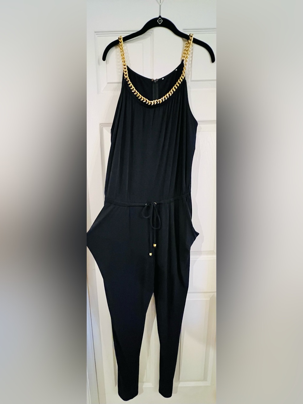 Michael Kors Navy V-Neck Sleeveless Jumpsuit Romper, Gold Chain Straps XL
